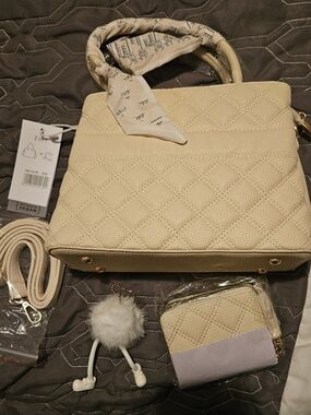 Quilted Cream Women's Satchel Bag with Scarf Handle Vegan Leather